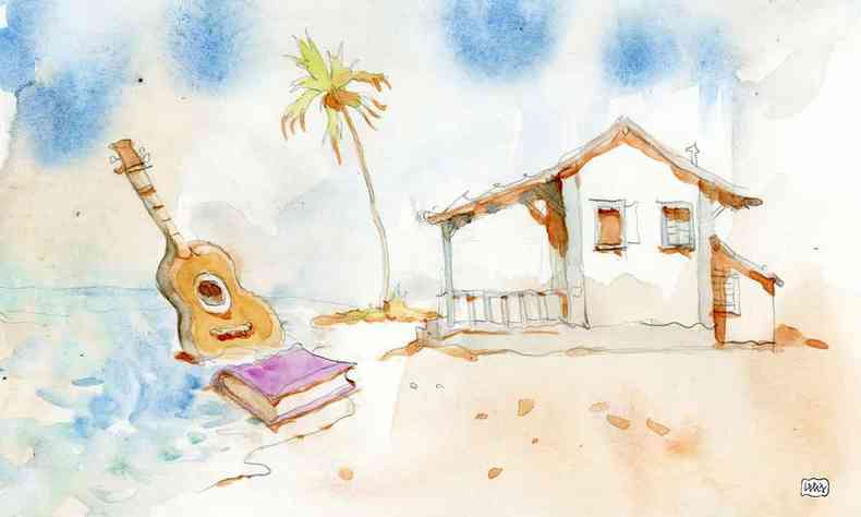 ilustrao mostra imagem idlica do Brasil, com violo, coqueiro, praia, casinha simples e um livro