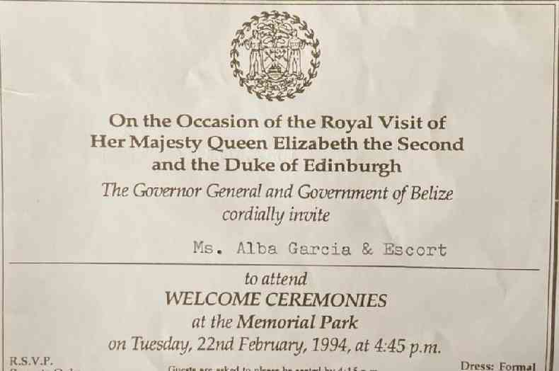 Convite para a cerimnia de boas-vindas para a Rainha Elizabeth 2 e o Duque de Edimburgo em Belize em 1994