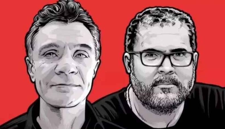 Bruno Pereira investigava crimes no Vale do Javari e informava Dom Phillips, que escrevia um livro(foto: Reprodução) Ilustração de Dom Phillips e Bruno Pereira