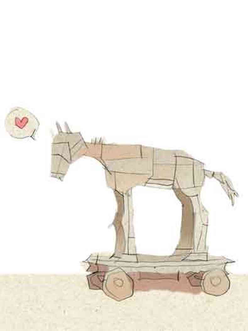  Ilustrao mostra cavalo de pau, sobre rodas, pensando em um corao vermelho