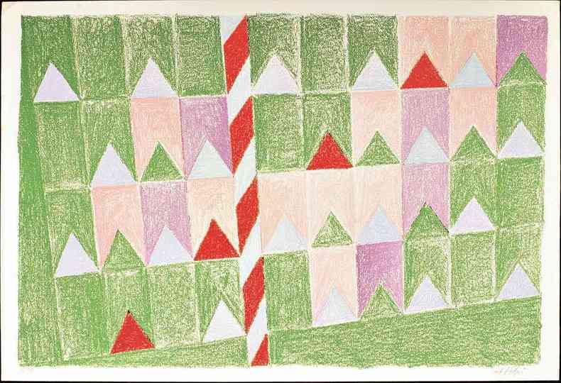 tela com bandeirinhas de Volpi nas cores verde, branco, vermelho e rosa