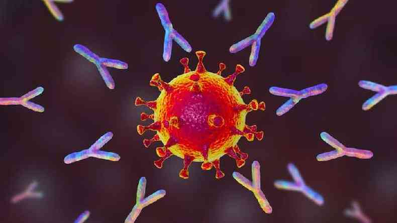 A produo de anticorpos (representados na imagem nessas estruturas em formato de Y)  algo observado na vasta maioria dos casos de infeco pelo Sars-CoV-2(foto: Getty Images)