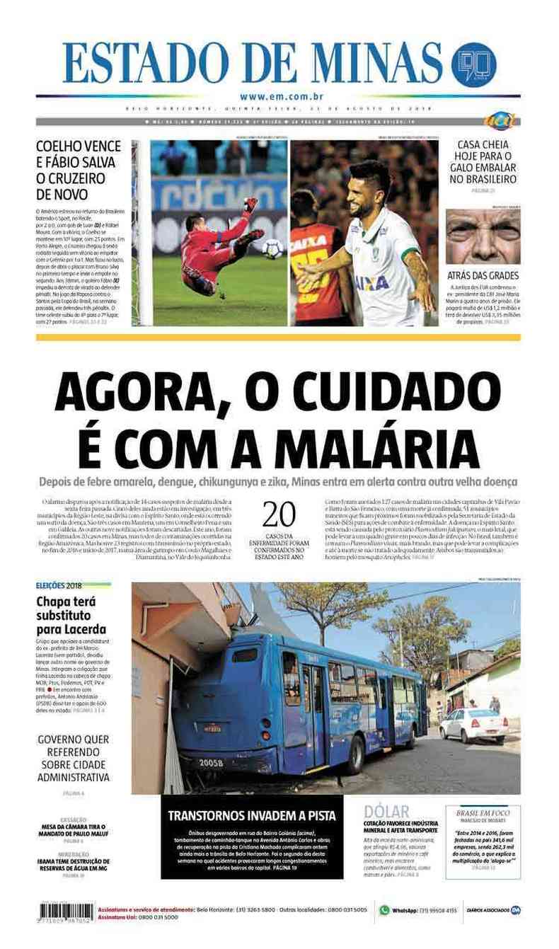 Confira a Capa do Jornal Estado de Minas do dia 23/08/2018(foto: Estado de Minas)