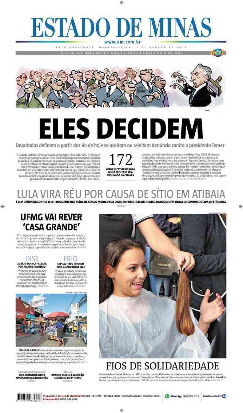 Confira a Capa do Jornal Estado de Minas do dia 02/08/2017