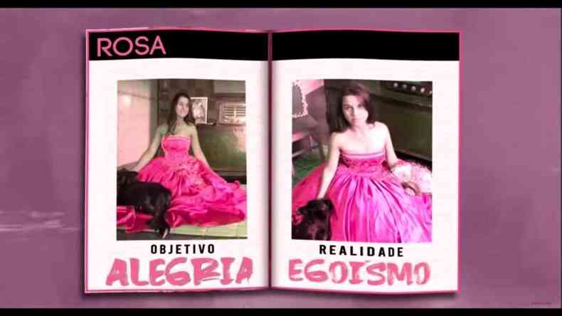 Uma revista que mostra duas interpretaes de uma mulher usando uma roupa rosa: alegria e egosmo 