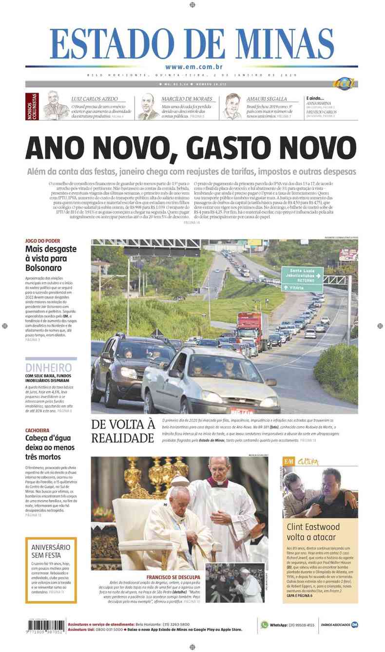 Confira a Capa do Jornal Estado de Minas do dia 02/01/2020(foto: Estado de Minas)