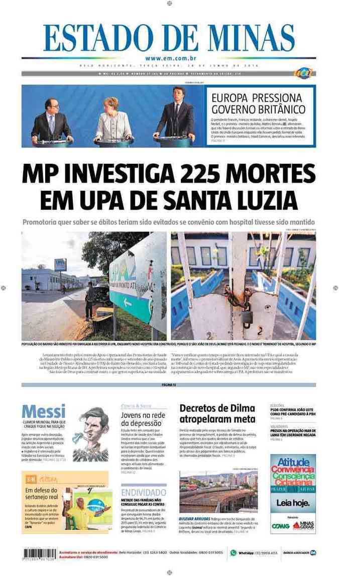 Confira a Capa do Jornal Estado de Minas do dia 28/06/2016