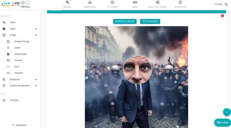 Zoom feito com a ferramenta Invid-WeVerify nos olhos de Emmanuel Macron a partir da captura de tela de uma imagem gerada por IA criada pela conta no Instagram Joannsfar