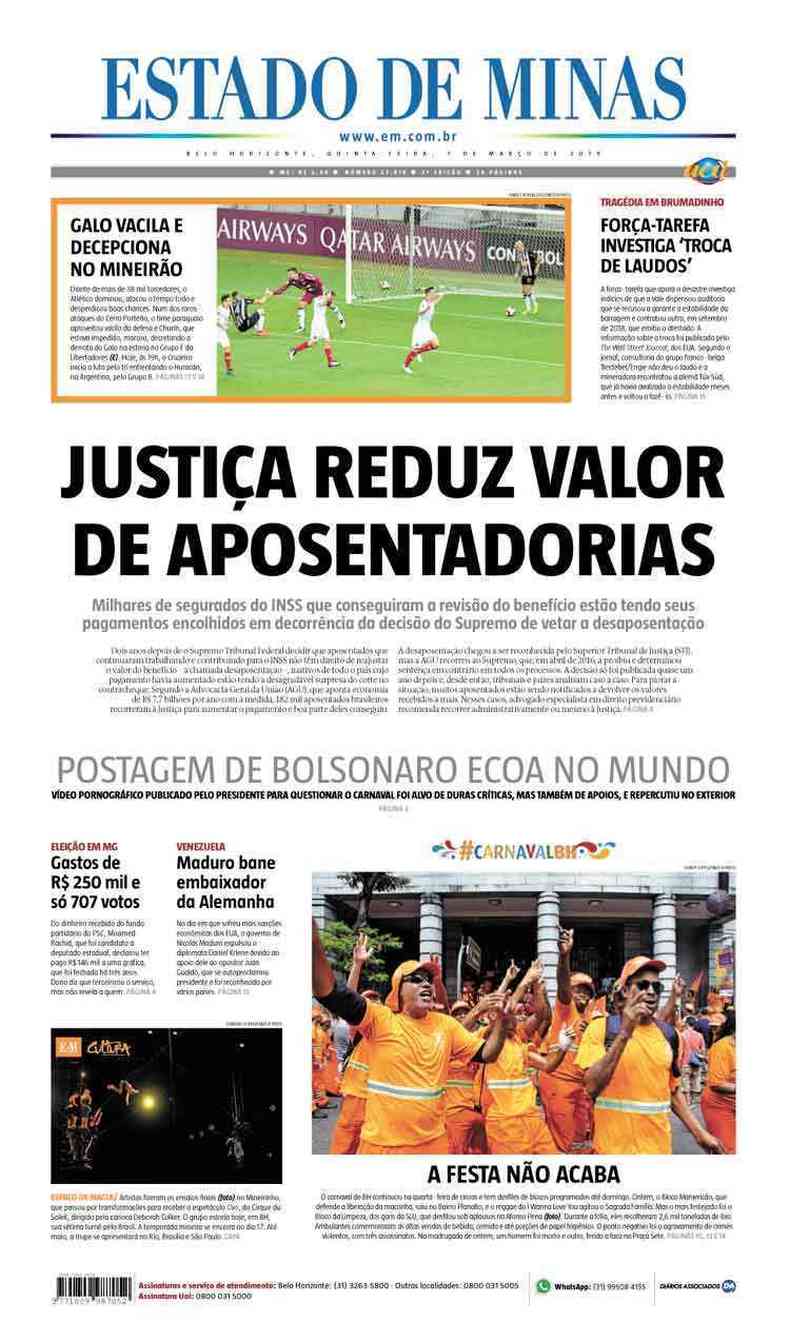 Confira a Capa do Jornal Estado de Minas do dia 07/03/2019(foto: Estado de Minas)
