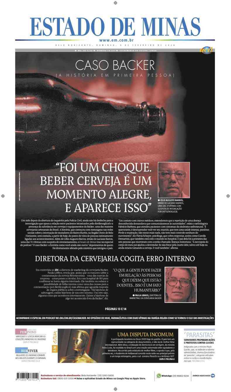 Confira a Capa do Jornal Estado de Minas do dia 09/02/2020(foto: Estado de Minas)