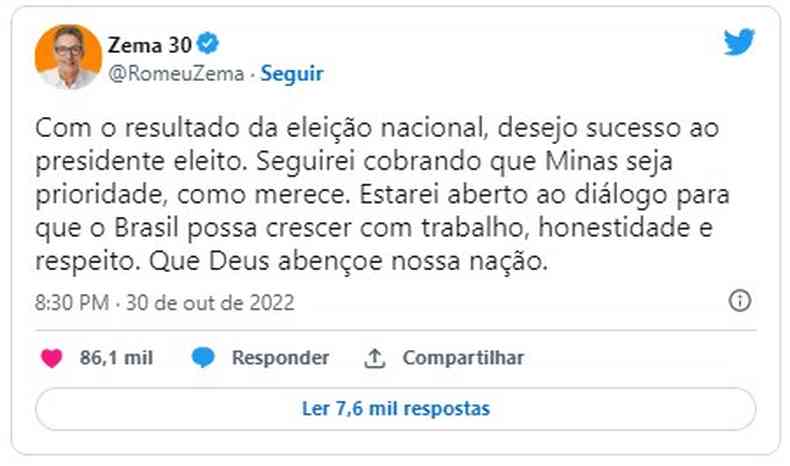 Print da declarao do Twitter de Zema 