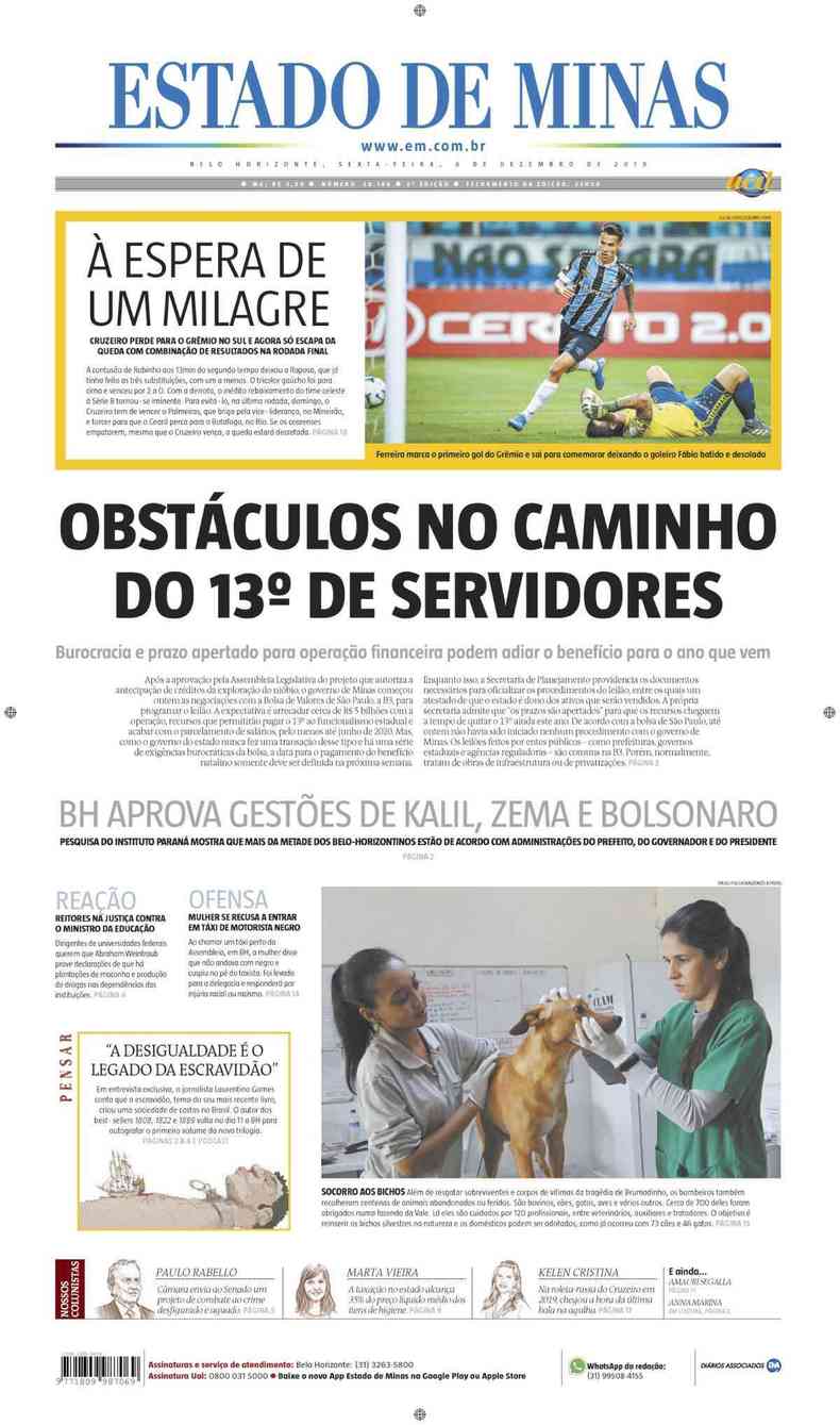 Confira a Capa do Jornal Estado de Minas do dia 06/12/2019(foto: Estado de Minas)