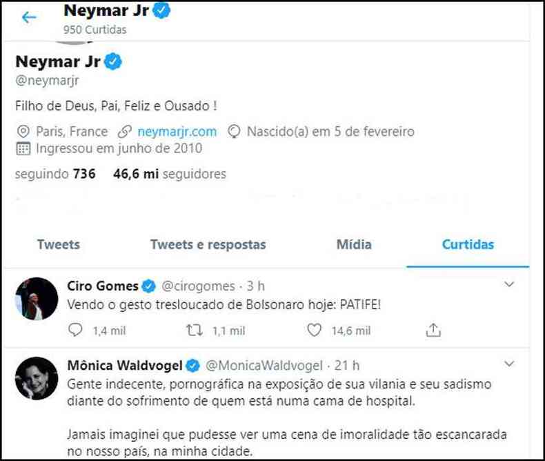 As curtidas do perfil de Neymar s postagens contrrias ao presidente(foto: Reproduo)