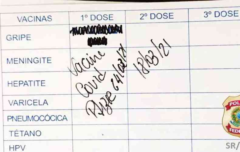 Carto de vacina encontrado por policiais federais possui vrios erros no registro da suposta vacina aplicada(foto: Divulgao/Polcia Federal)