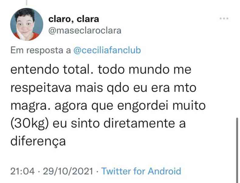 Foto de um post de uma pessoa que se sente mal tratada depois que engordou