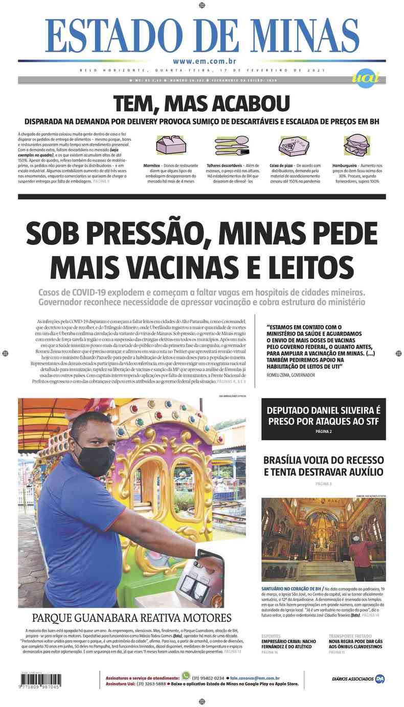Confira a Capa do Jornal Estado de Minas do dia 17/02/2021(foto: Estado de Minas)