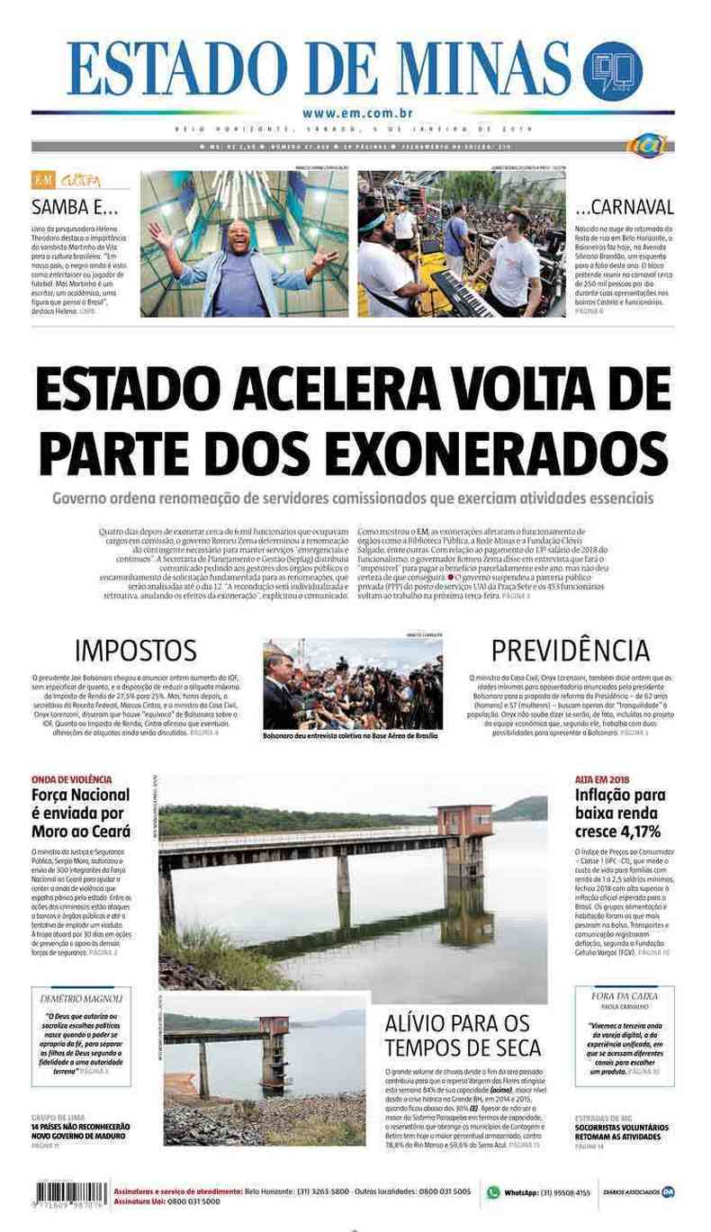 Confira a Capa do Jornal Estado de Minas do dia 05/01/2019(foto: Estado de Minas)