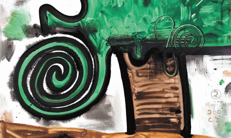 Pintura de Carroll Dunham mostra rvore em belo tom de verde e um porto marrom