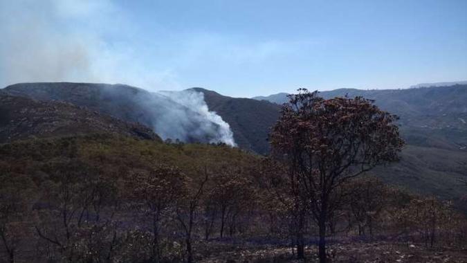 Fumaça proveniente da queima da vegetação pôde ser vista de vários pontos (foto: CBMG/Divulgação) Fumaça proveniente da queima da vegetação pôde ser vista de vários pontos (foto: CBMG/Divulgação)