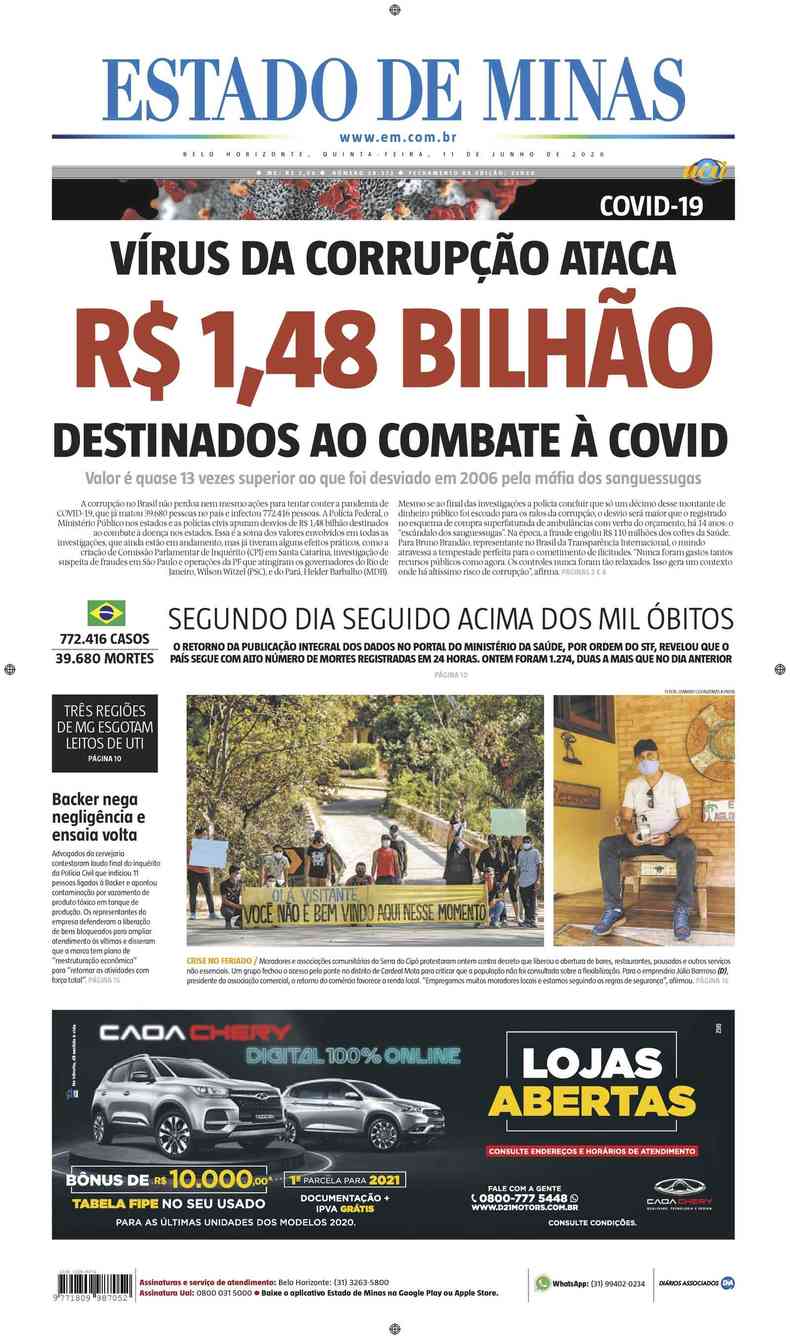 Confira a Capa do Jornal Estado de Minas do dia 11/06/2020(foto: Estado de Minas)