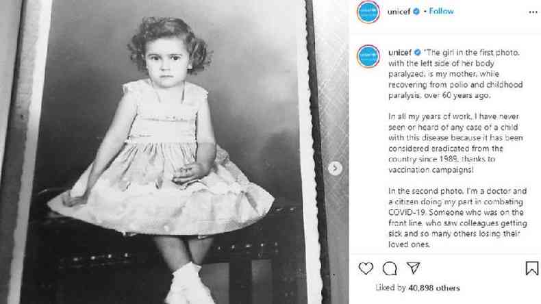 Post de Maria Flvia compartilhado na pgina da Unicef: profissionais da sade tambm devem lutar contra desinformao, diz ela(foto: Reproduo/Instagram)