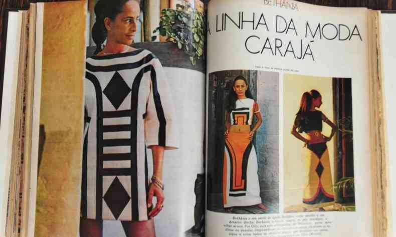 Pginas da revista O Cruzeiro mostram Maria Bethania, muito jovem, em ensaio de moda vestindo roupas pintadas com motivos indgenas carajs