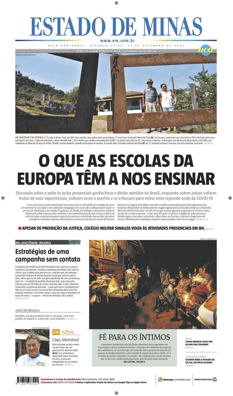 Confira a Capa do Jornal Estado de Minas do dia 21/09/2020(foto: Estado de Minas)
