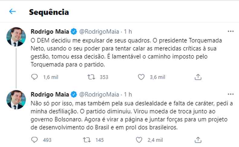 Thread de Maia em resposta  expulso do DEM, partido que permaneceu por quatorze anos de mandato (foto: Redes Sociais)