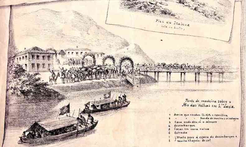 Barcaa que transportou a comitiva em parte da viagem chega ao antigo porto de Santa Luzia, no Rio das Velhas(foto: reproduo)