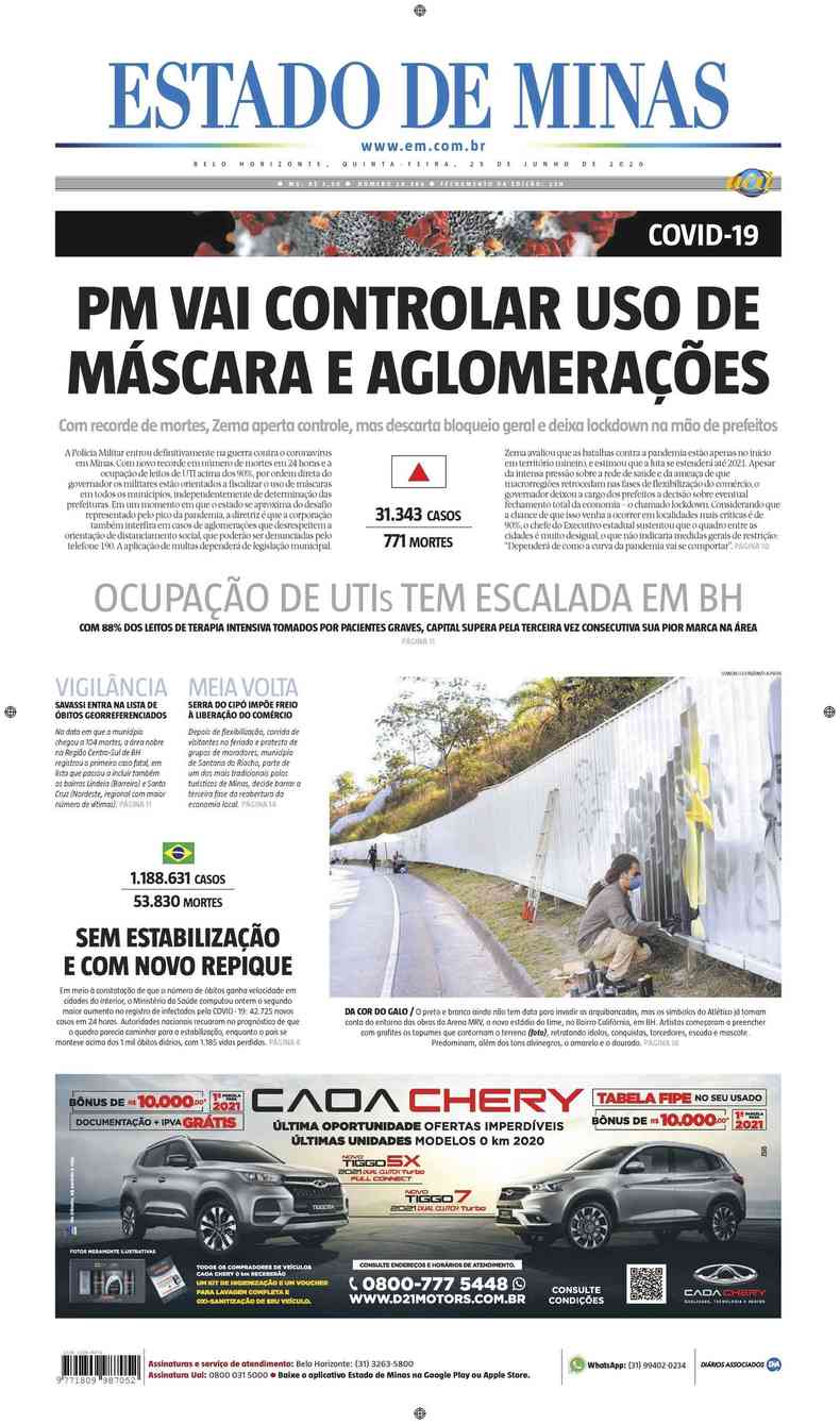 Confira a Capa do Jornal Estado de Minas do dia 25/06/2020(foto: Estado de Minas)