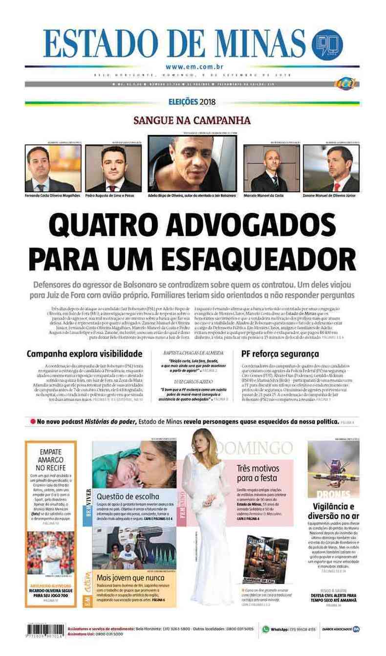 Confira a Capa do Jornal Estado de Minas do dia 09/09/2018(foto: Estado de Minas)