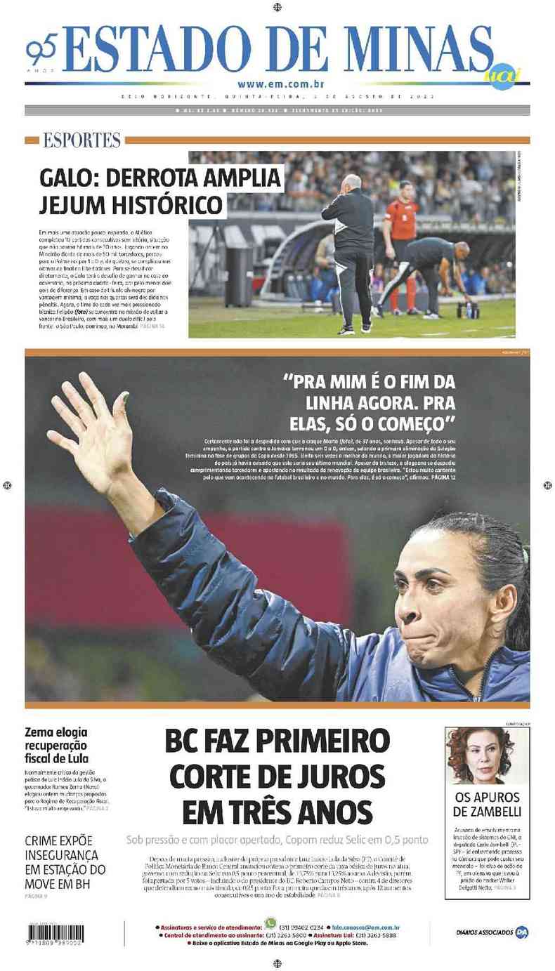 Confira a Capa do Jornal Estado de Minas do dia 10/08/2023