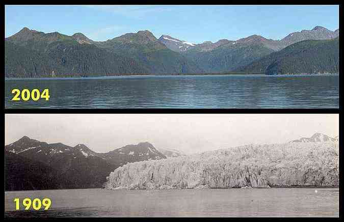 Efeitos do aquecimento global no Glacial MacCarty - Alasca(foto: Ulysses Sherman Grant, 1909 - Bruce F. Molnia, 2004 - USGS)