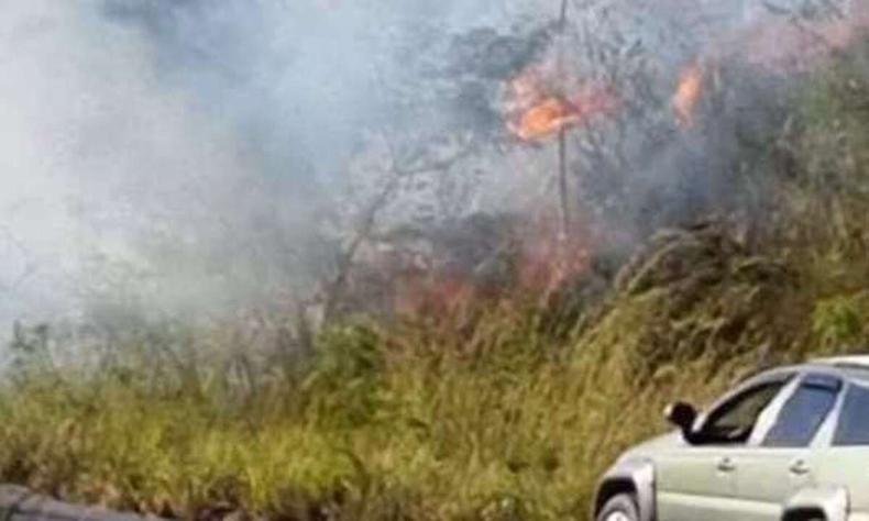 Fogo em mata �s margens de avenida. Grande quantidade de fuma�a branca. Um carro est� parado no acostamento. 
