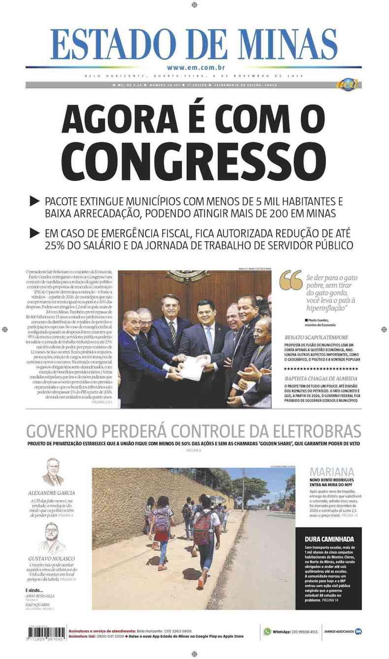 Confira a Capa do Jornal Estado de Minas do dia 06/11/2019(foto: Estado de Minas)