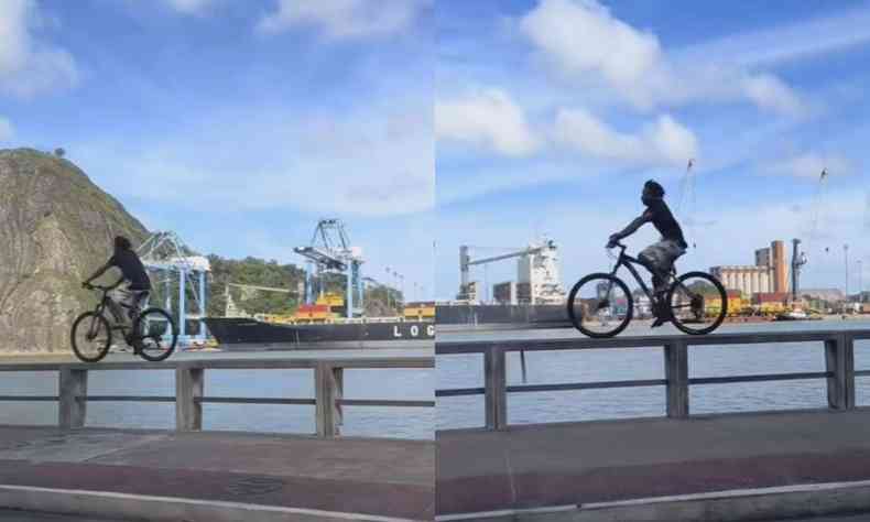 Homem desconhecido pedala em uma mureta a beira-mar em Vitria (ES)