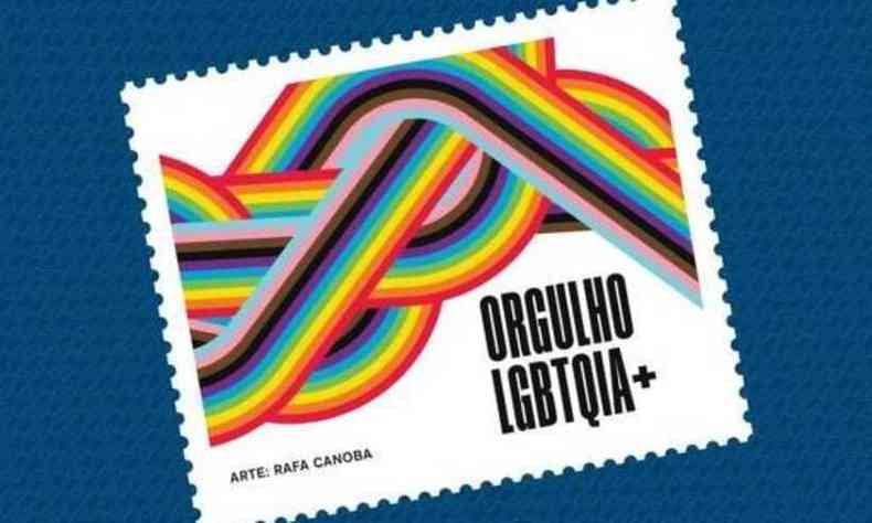 Imagem ilustrativa do selo. H diversas linhas com as cores do arco-ris e l-se 'Orgulho LGBTQIA+' e 'Arte de Rafa Canoba'