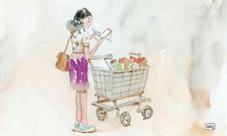 ilustrao mostra mulher anotando preos em um papel em frente a carrinho de supermercados