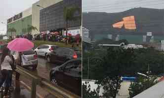 Deslizamento causou correria no centro de compras; uma lona foi colocada no local onde a terra desceu (foto: Divulgao )