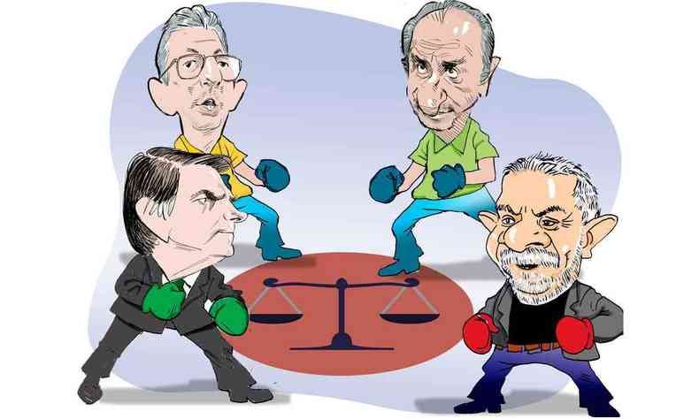 Ilustrao mostra Lula, Bolsonaro, Zema e Kalil em ringue