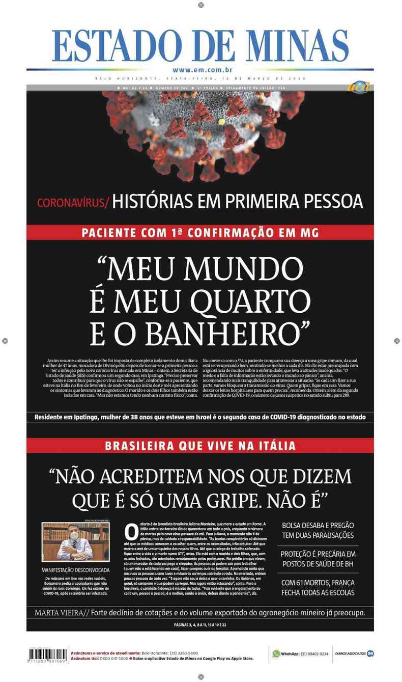 Confira a Capa do Jornal Estado de Minas do dia 13/03/2020(foto: Estado de Minas)