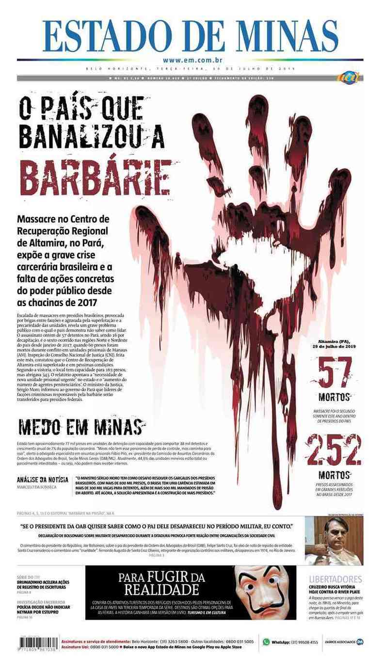 Confira a Capa do Jornal Estado de Minas do dia 30/07/2019(foto: Estado de Minas)