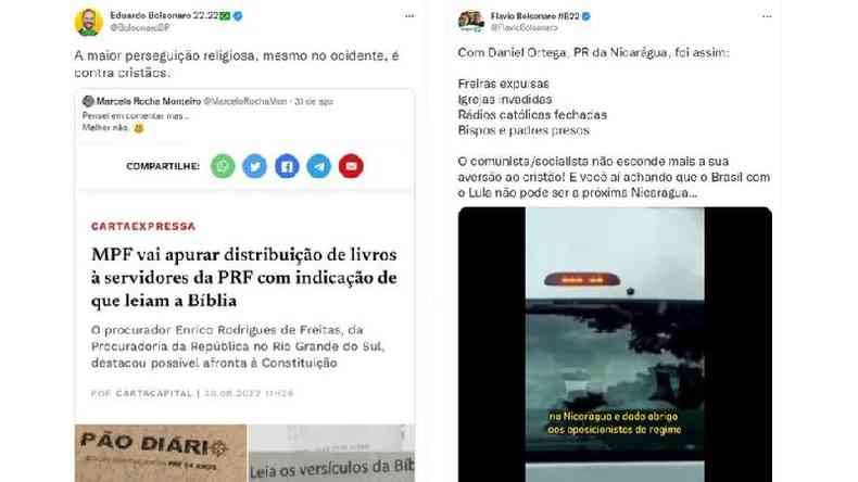 Postagens de Eduardo e Flvio Bolsonaro no Twitter trazem discurso falso de que h ameaa aos cristos no Brasil
