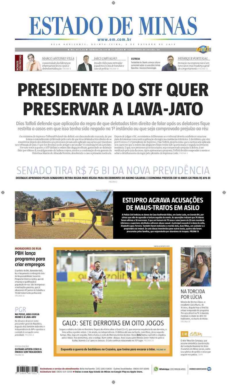 Confira a Capa do Jornal Estado de Minas do dia 03/10/2019(foto: Estado de Minas)