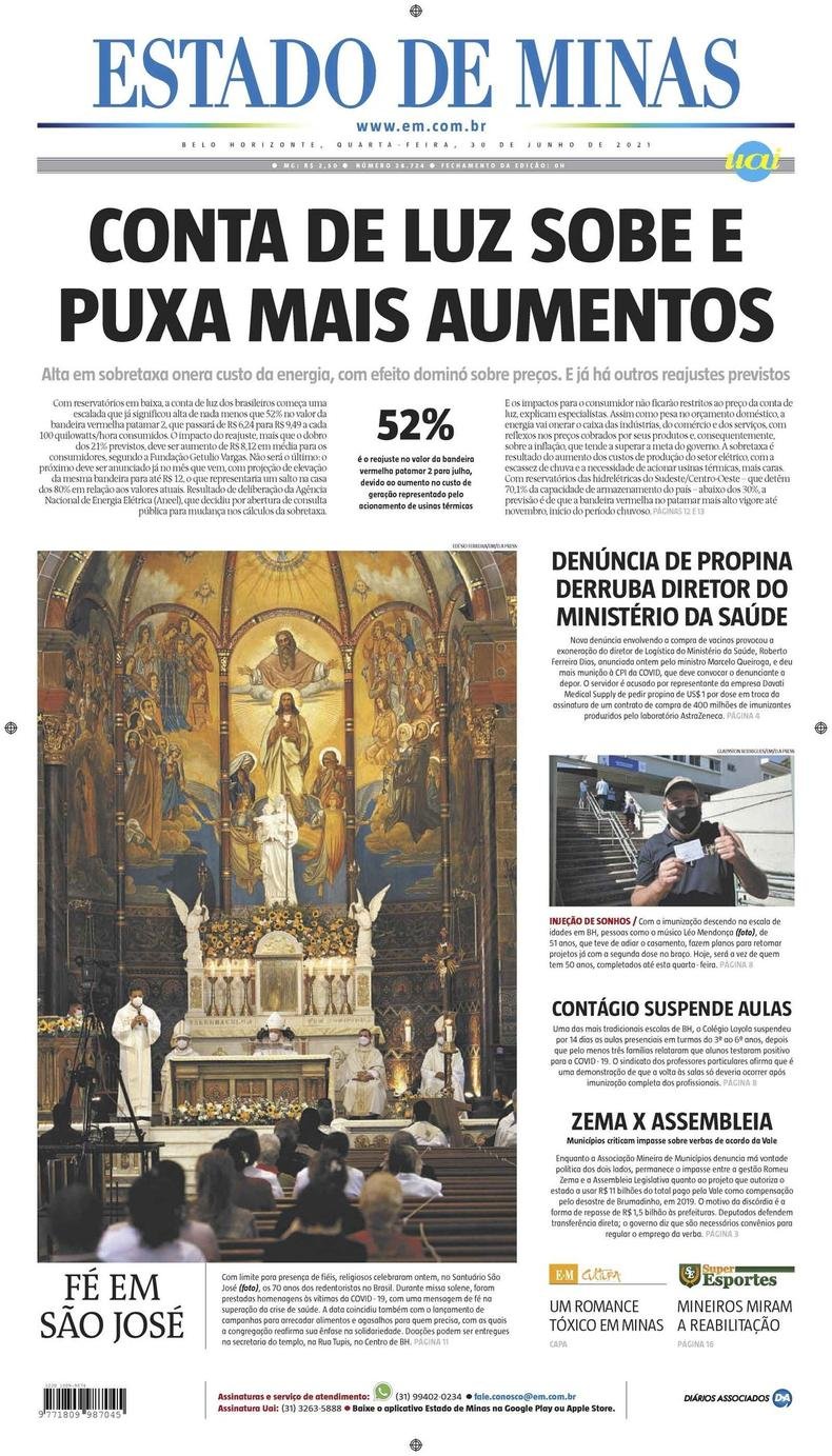 Confira a Capa do Jornal Estado de Minas do dia 30/06/2021(foto: Estado de Minas)