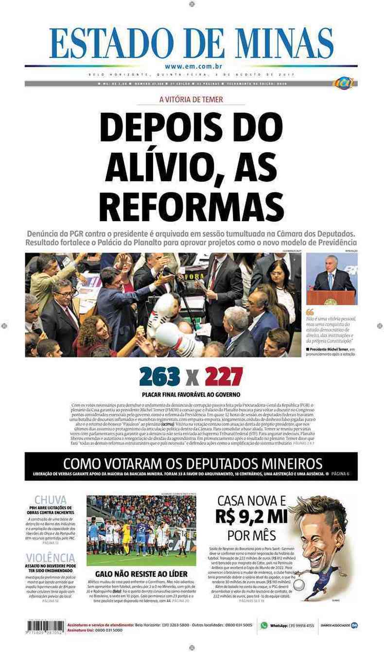 Confira a Capa do Jornal Estado de Minas do dia 03/08/2017