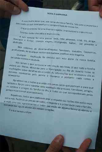 Famlia divulgou uma carta  imprensa(foto: Ricardo Miranda/TV Alterosa Divinpolis)