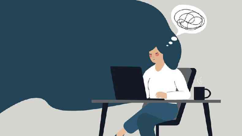 Uma ilustração de uma mulher sentada em um computador parecendo estressada