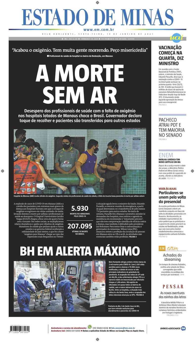 Confira a Capa do Jornal Estado de Minas do dia 15/01/2021(foto: Estado de Minas)
