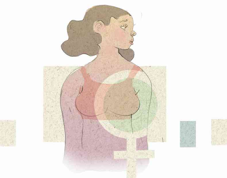 ilustrao mostra mulher olhando para o lado  frente do smbolo do feminino